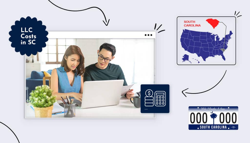 man and woman sitting with laptop calculator states map South Carolina