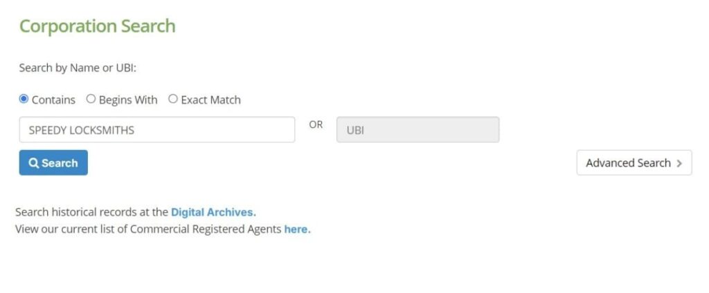 Corporation Search page