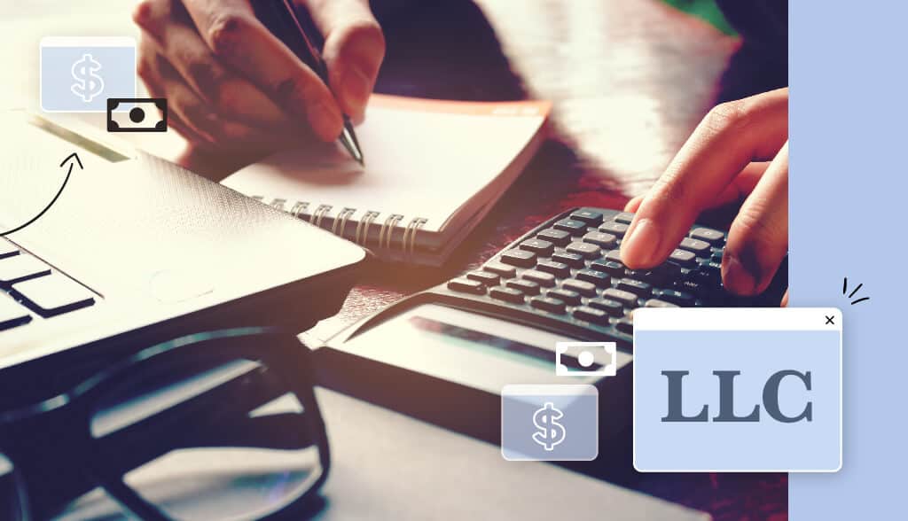 Business man calculating the cost of an lllc with a laptop, notepad and calculator